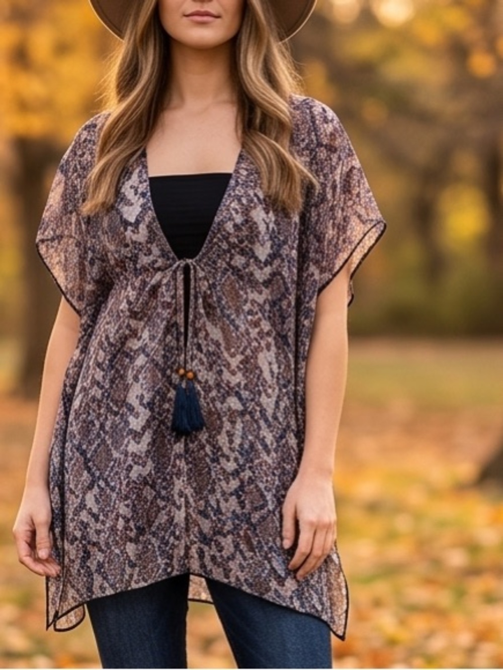 BECCA Sheer Snake-Print Tunic Top or Swim Coverup in Brown and Blue w/ Tassels